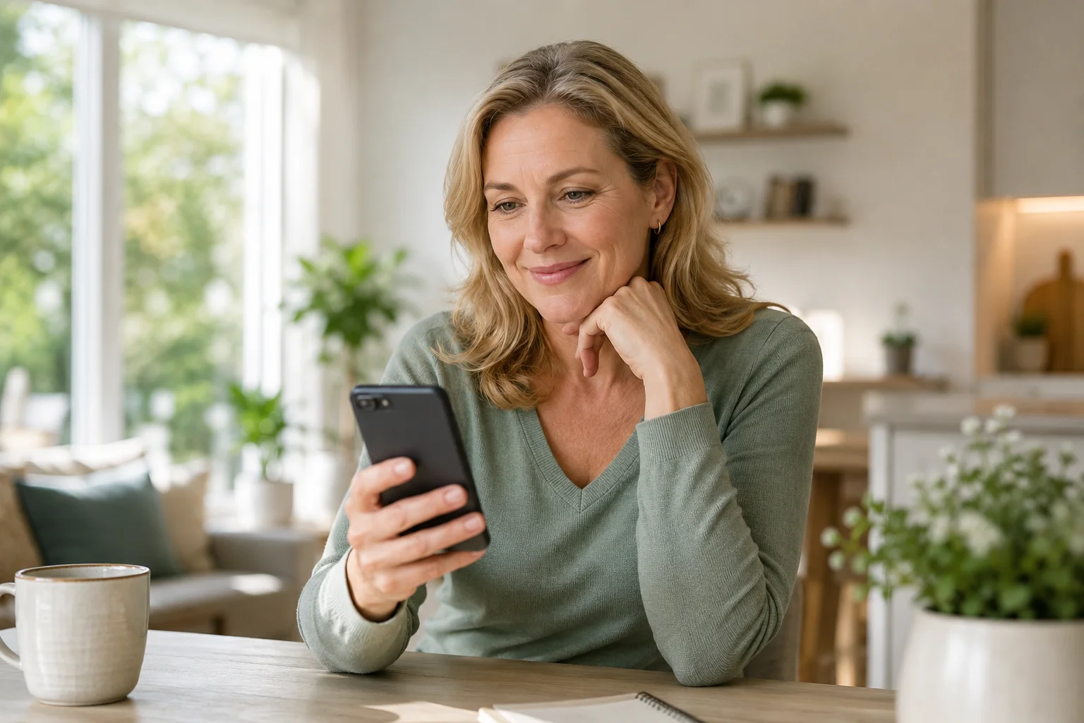 Smiling confident woman enjoying a peaceful wellness moment with coffee